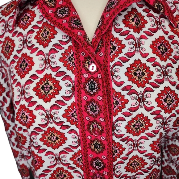 Vintage Alex Coleman Blouse Size 4 Red & White Pink Floral Button Up - Picture 2 of 11